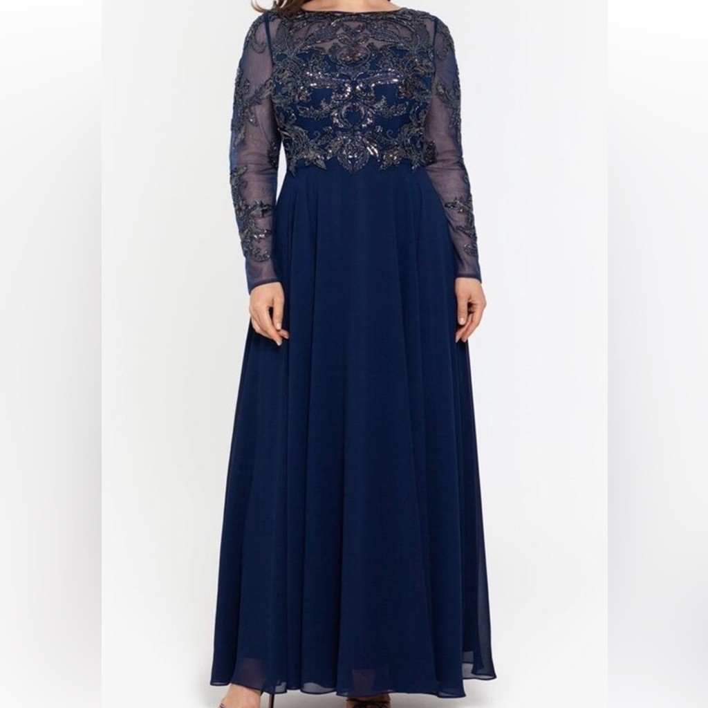 Xscape Blue Long Sleeve Bishop Gown For Brides